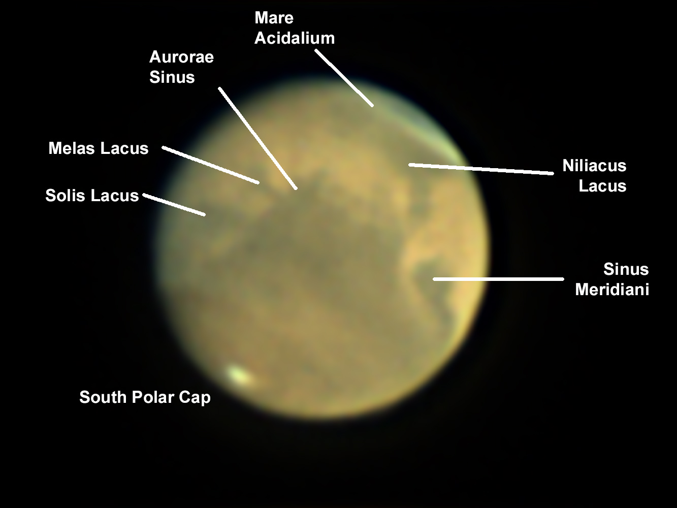 Mars on Nov 6, 2020 at 5:07 UT with some labeled features